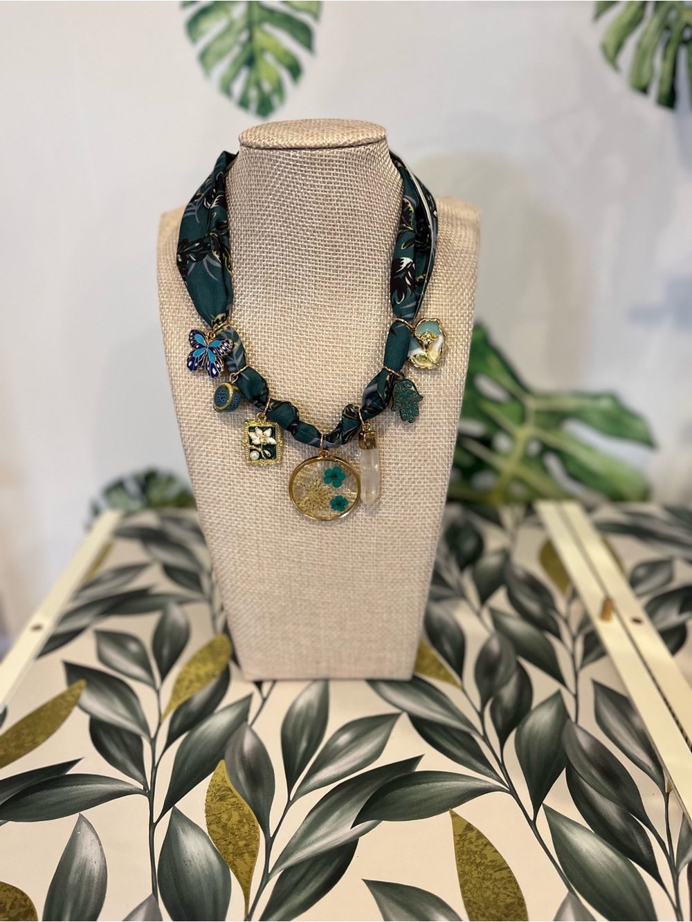 Emerald Green Fabric Charm Necklace with Gold Accents